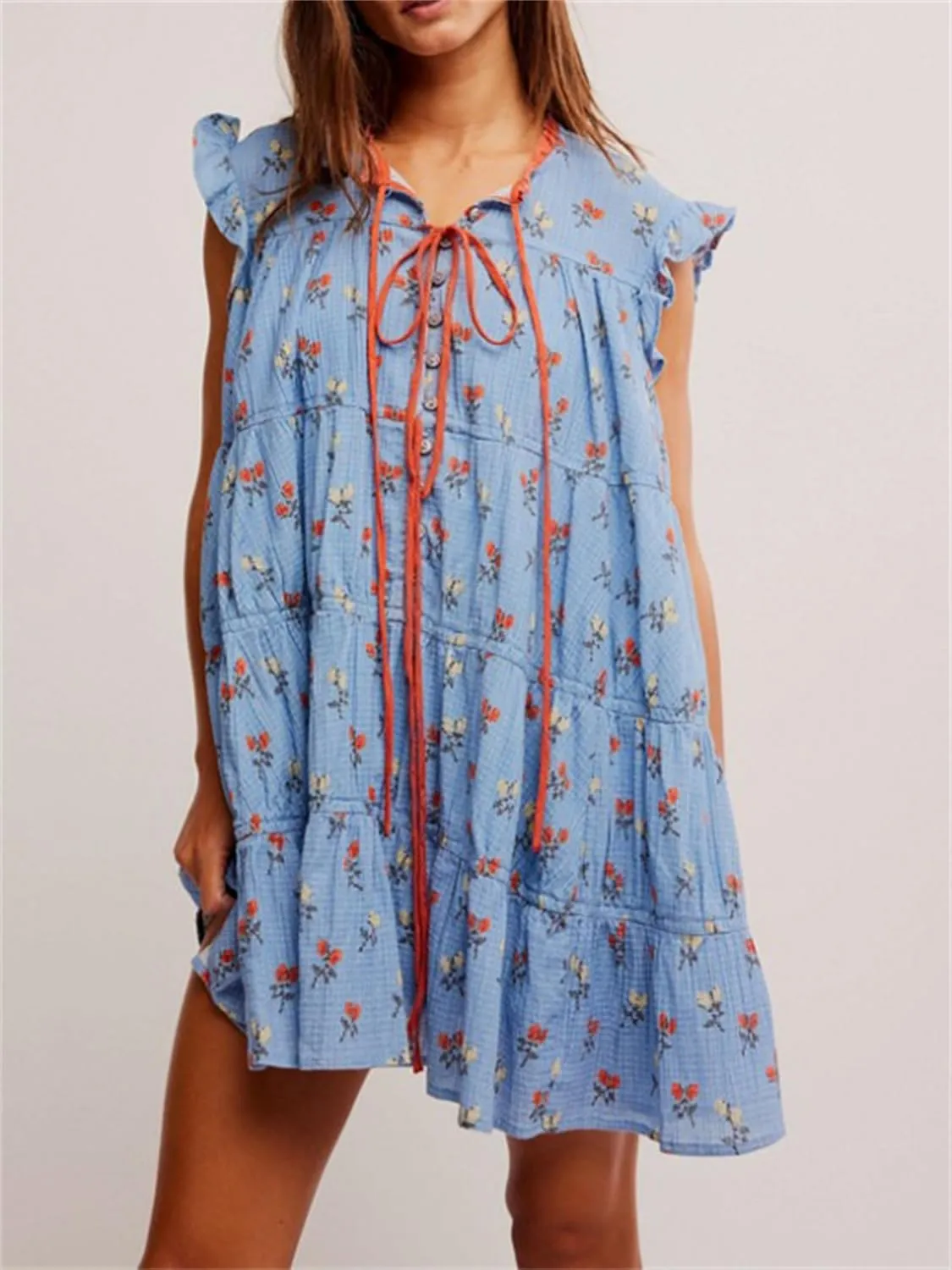 Women Cute Floral Babydoll Mini Dress Y2k Button Up Tie Front Ruffle Trim Flowy Tunic Short Dress Summer Beach Sundress