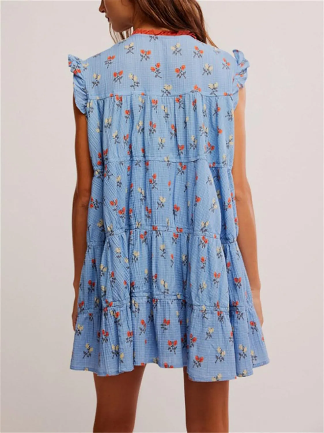 Women Cute Floral Babydoll Mini Dress Y2k Button Up Tie Front Ruffle Trim Flowy Tunic Short Dress Summer Beach Sundress