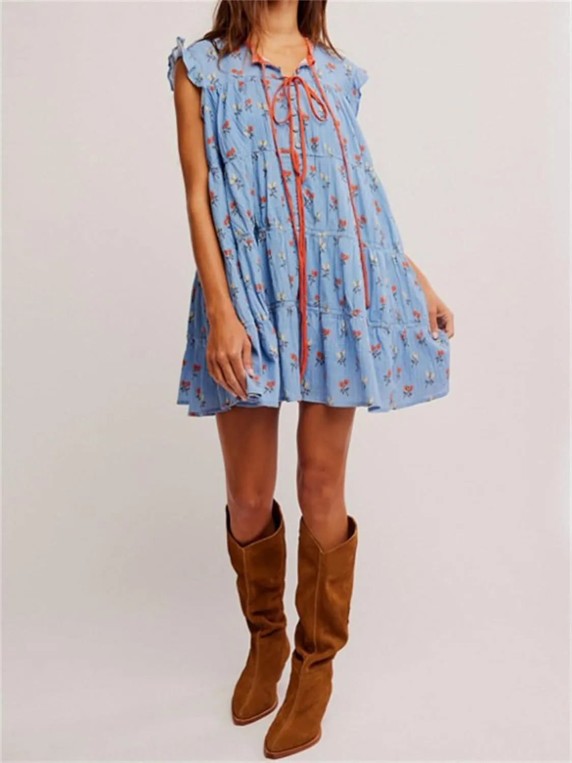 Women Cute Floral Babydoll Mini Dress Y2k Button Up Tie Front Ruffle Trim Flowy Tunic Short Dress Summer Beach Sundress