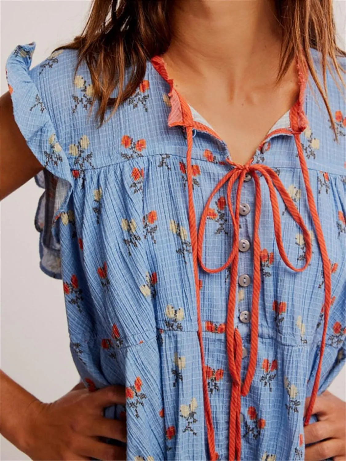 Women Cute Floral Babydoll Mini Dress Y2k Button Up Tie Front Ruffle Trim Flowy Tunic Short Dress Summer Beach Sundress