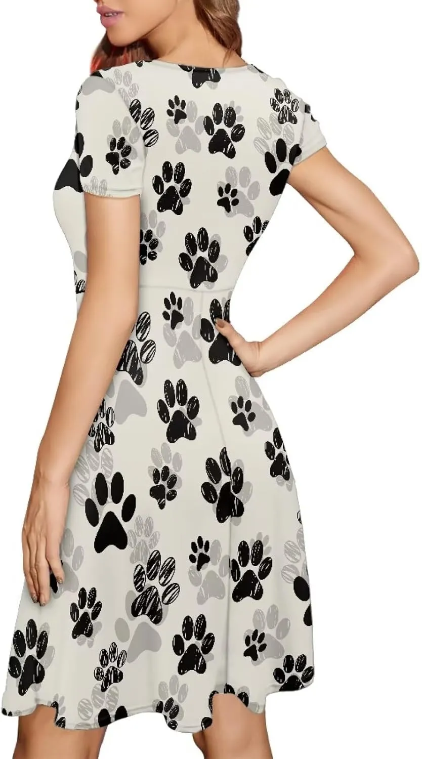 Women Elegant Casual Dress Short Sleeve Summer Maxi Dresses Round Neck Beach Sundress Loose Fitting Party Dress
