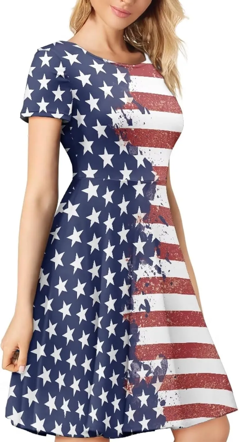 Women Elegant Casual Dress Short Sleeve Summer Maxi Dresses Round Neck Beach Sundress Loose Fitting Party Dress