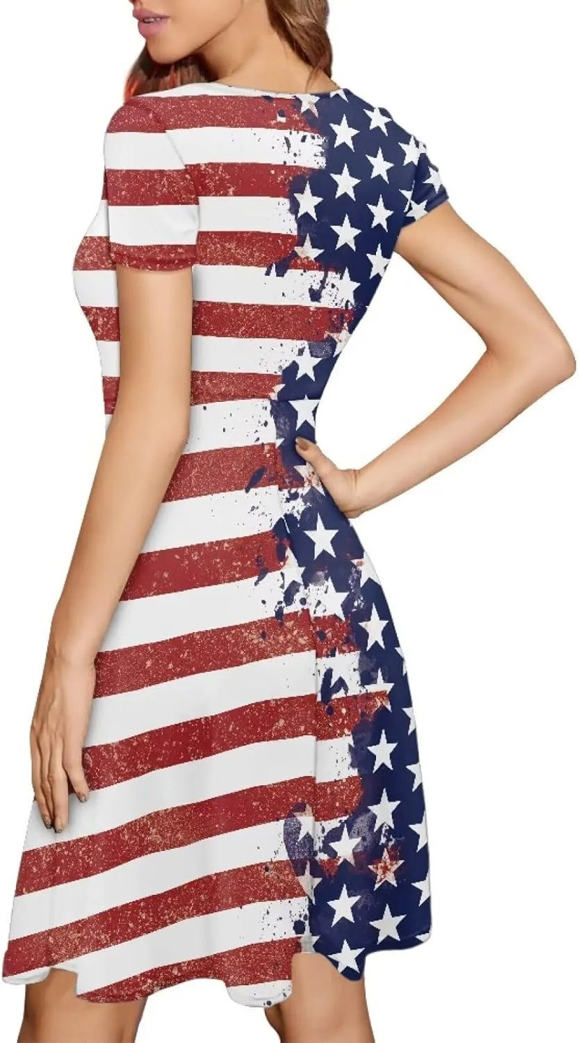 Women Elegant Casual Dress Short Sleeve Summer Maxi Dresses Round Neck Beach Sundress Loose Fitting Party Dress