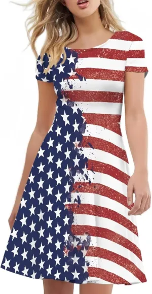 Women Elegant Casual Dress Short Sleeve Summer Maxi Dresses Round Neck Beach Sundress Loose Fitting Party Dress
