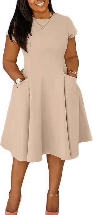 Women Elegant Casual Short Sleeve Midi Dress Plus Size A Line Work Party Fit and Flare Dress with Pockets
