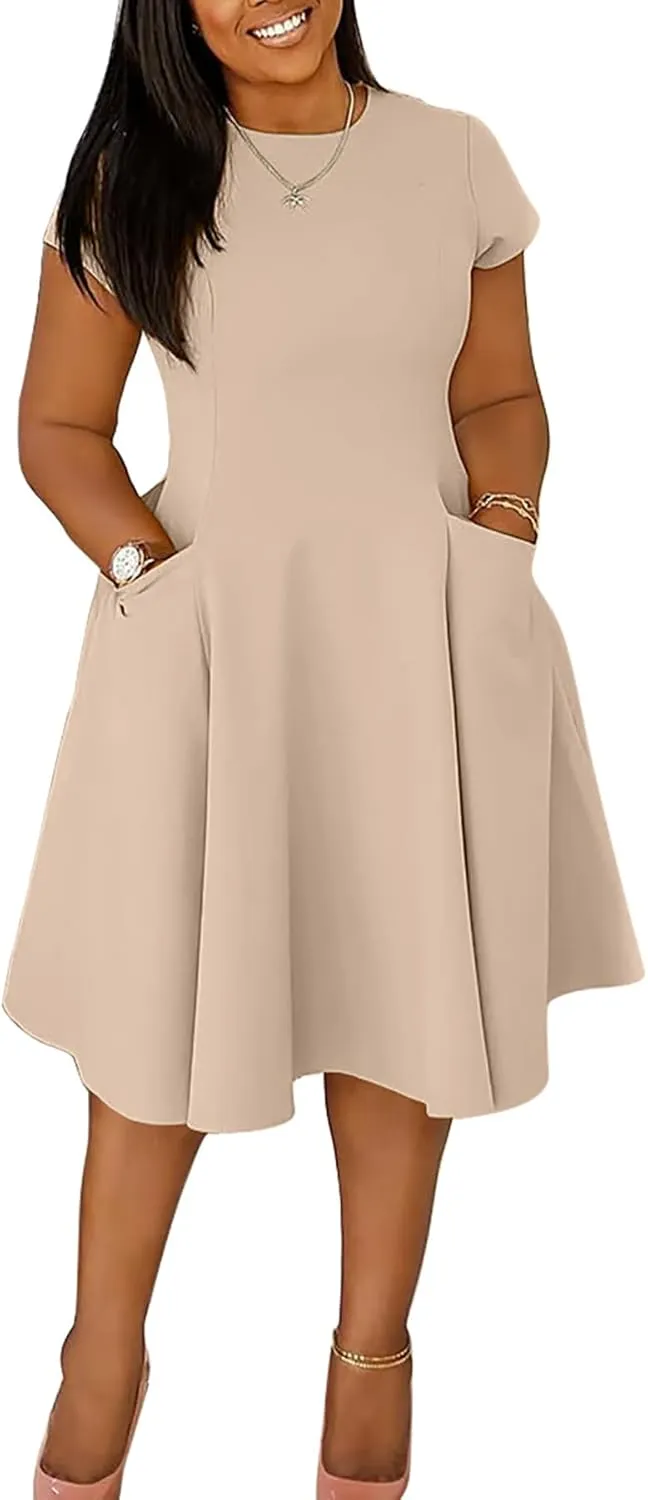 Women Elegant Casual Short Sleeve Midi Dress Plus Size A Line Work Party Fit and Flare Dress with Pockets