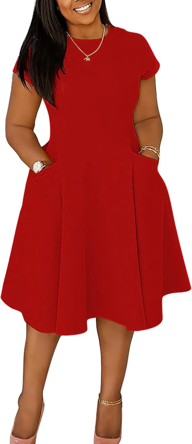 Women Elegant Casual Short Sleeve Midi Dress Plus Size A Line Work Party Fit and Flare Dress with Pockets