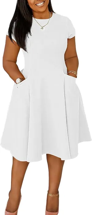 Women Elegant Casual Short Sleeve Midi Dress Plus Size A Line Work Party Fit and Flare Dress with Pockets