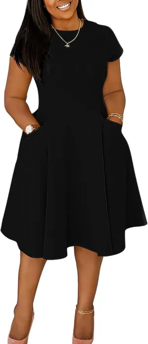 Women Elegant Casual Short Sleeve Midi Dress Plus Size A Line Work Party Fit and Flare Dress with Pockets