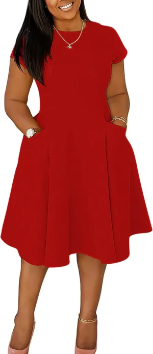 Women Elegant Casual Short Sleeve Midi Dress Plus Size A Line Work Party Fit and Flare Dress with Pockets