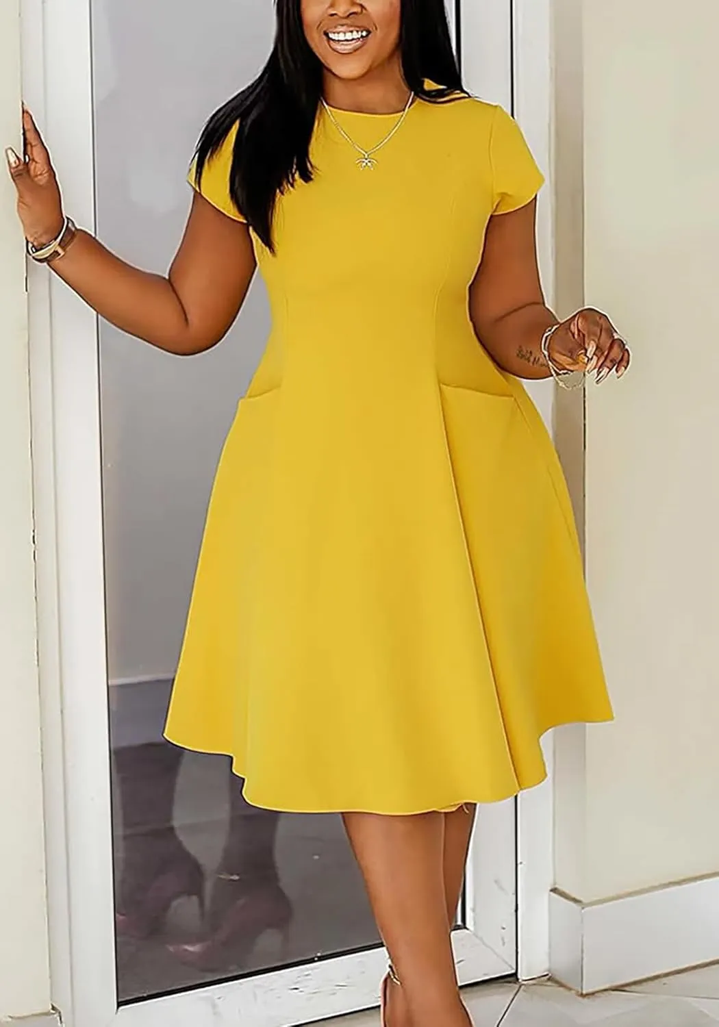 Women Elegant Casual Short Sleeve Midi Dress Plus Size A Line Work Party Fit and Flare Dress with Pockets