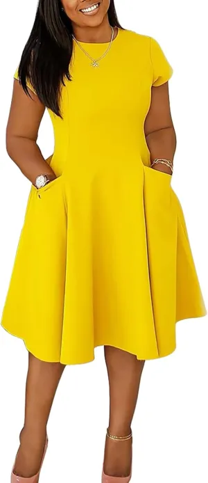 Women Elegant Casual Short Sleeve Midi Dress Plus Size A Line Work Party Fit and Flare Dress with Pockets