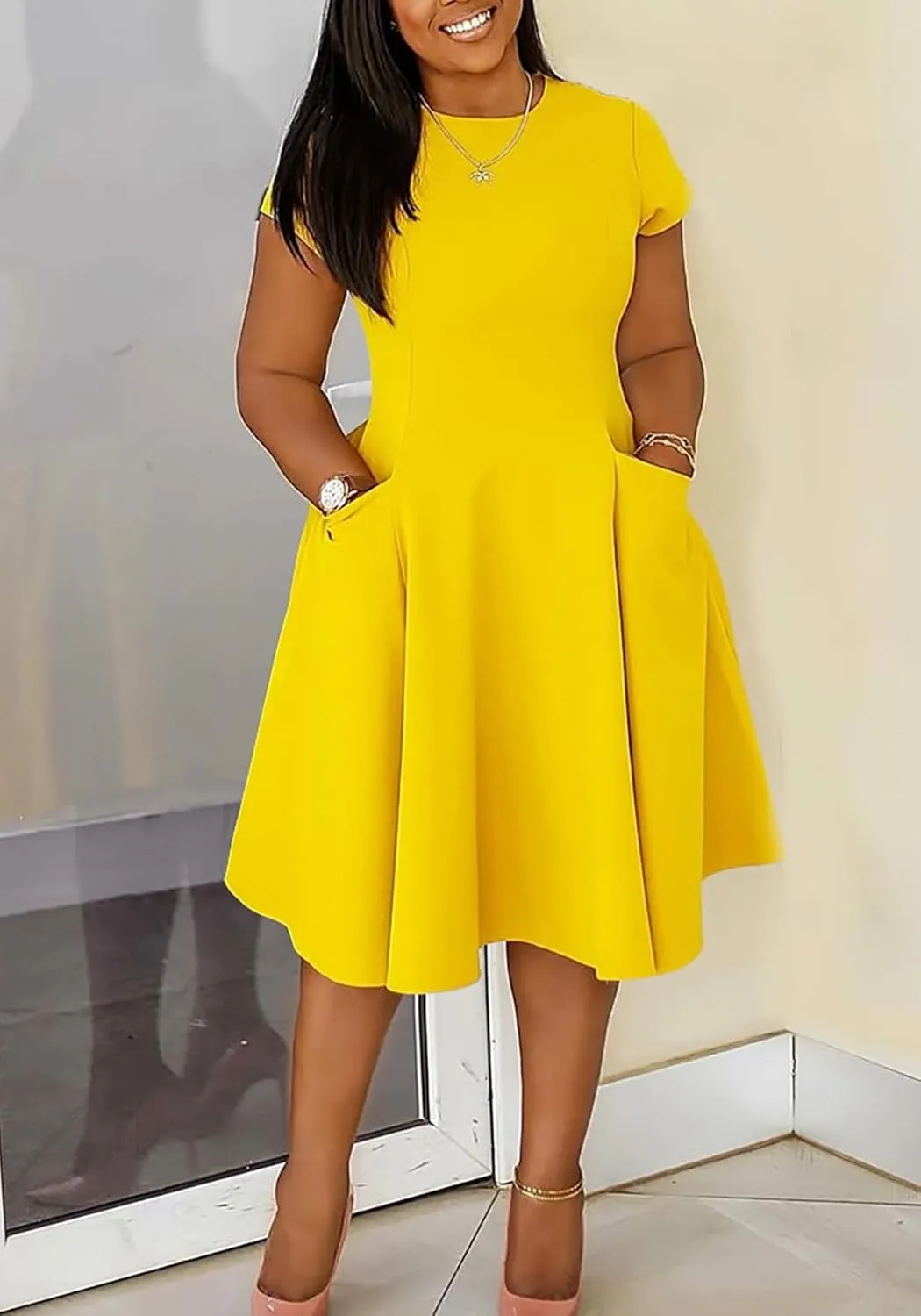 Women Elegant Casual Short Sleeve Midi Dress Plus Size A Line Work Party Fit and Flare Dress with Pockets