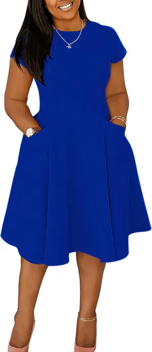Women Elegant Casual Short Sleeve Midi Dress Plus Size A Line Work Party Fit and Flare Dress with Pockets