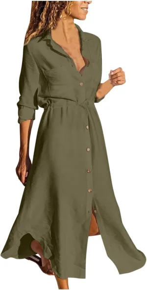 Women Elegant Casual Summer Spring Button Down Front Long Sleeve Maxi Dress Long Cardigan Cover Ups Shirt Dresses
