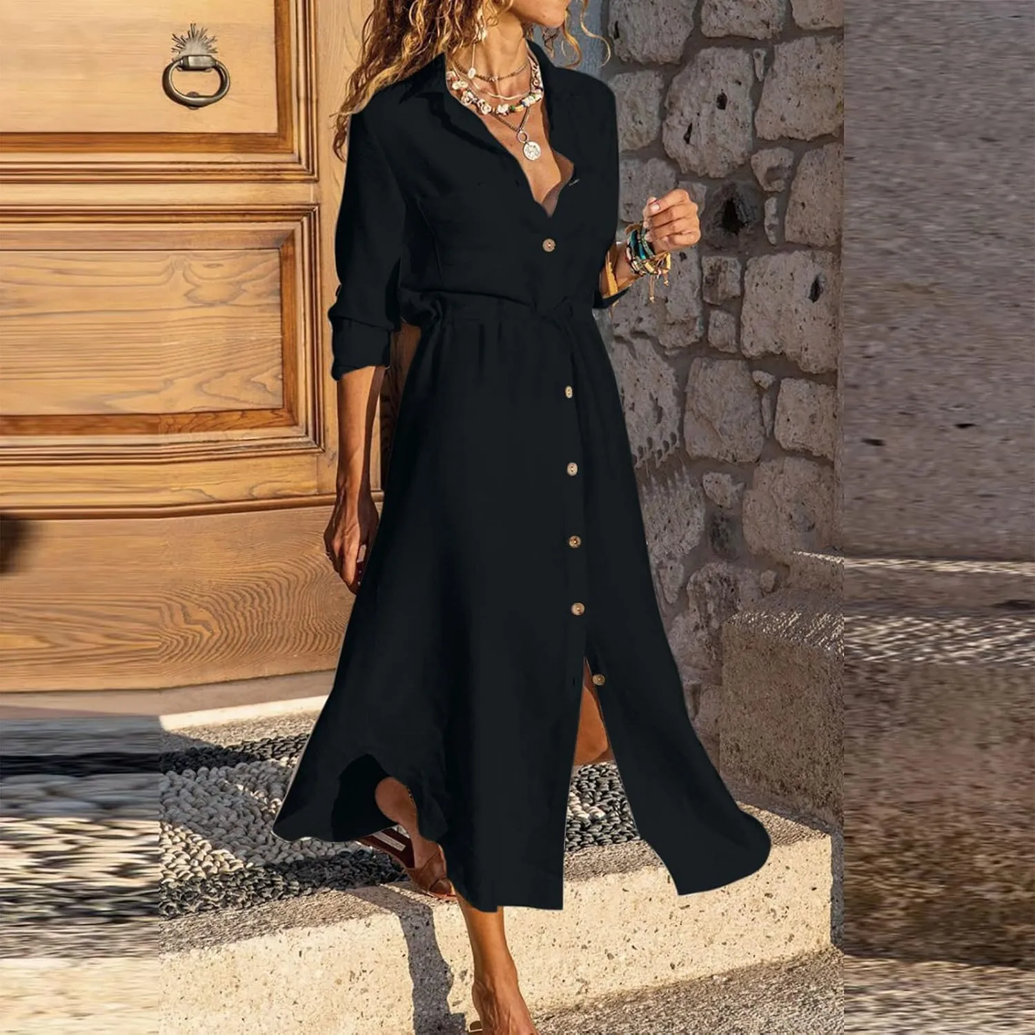 Women Elegant Casual Summer Spring Button Down Front Long Sleeve Maxi Dress Long Cardigan Cover Ups Shirt Dresses