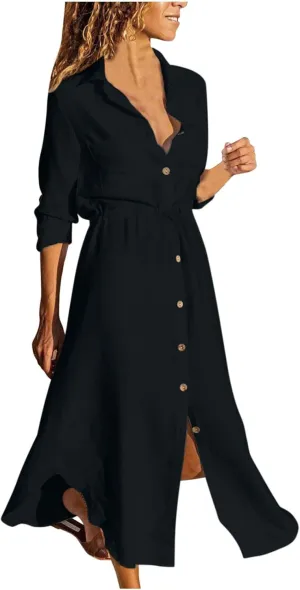 Women Elegant Casual Summer Spring Button Down Front Long Sleeve Maxi Dress Long Cardigan Cover Ups Shirt Dresses