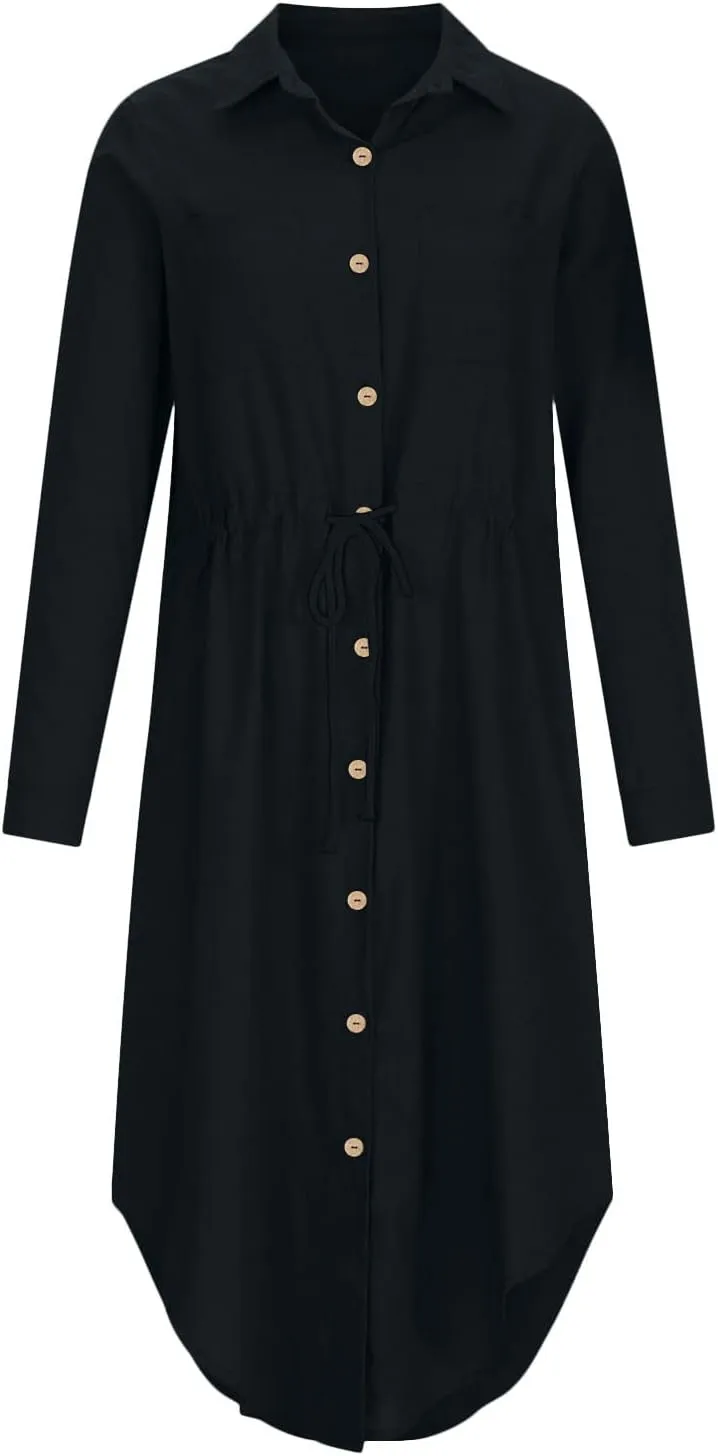 Women Elegant Casual Summer Spring Button Down Front Long Sleeve Maxi Dress Long Cardigan Cover Ups Shirt Dresses