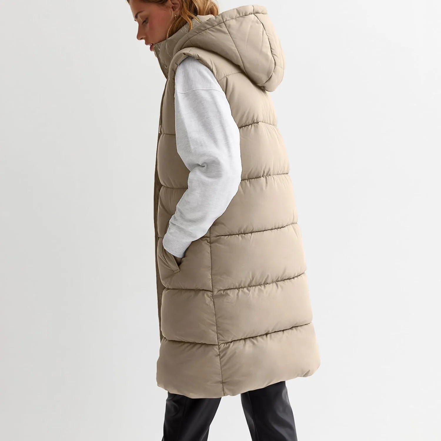 Women Long Puffer Vest Oversized Sleeveless Quilted Vest Zipper Hooded Puffy Jacket Winter Warm Padded Gilet Coat