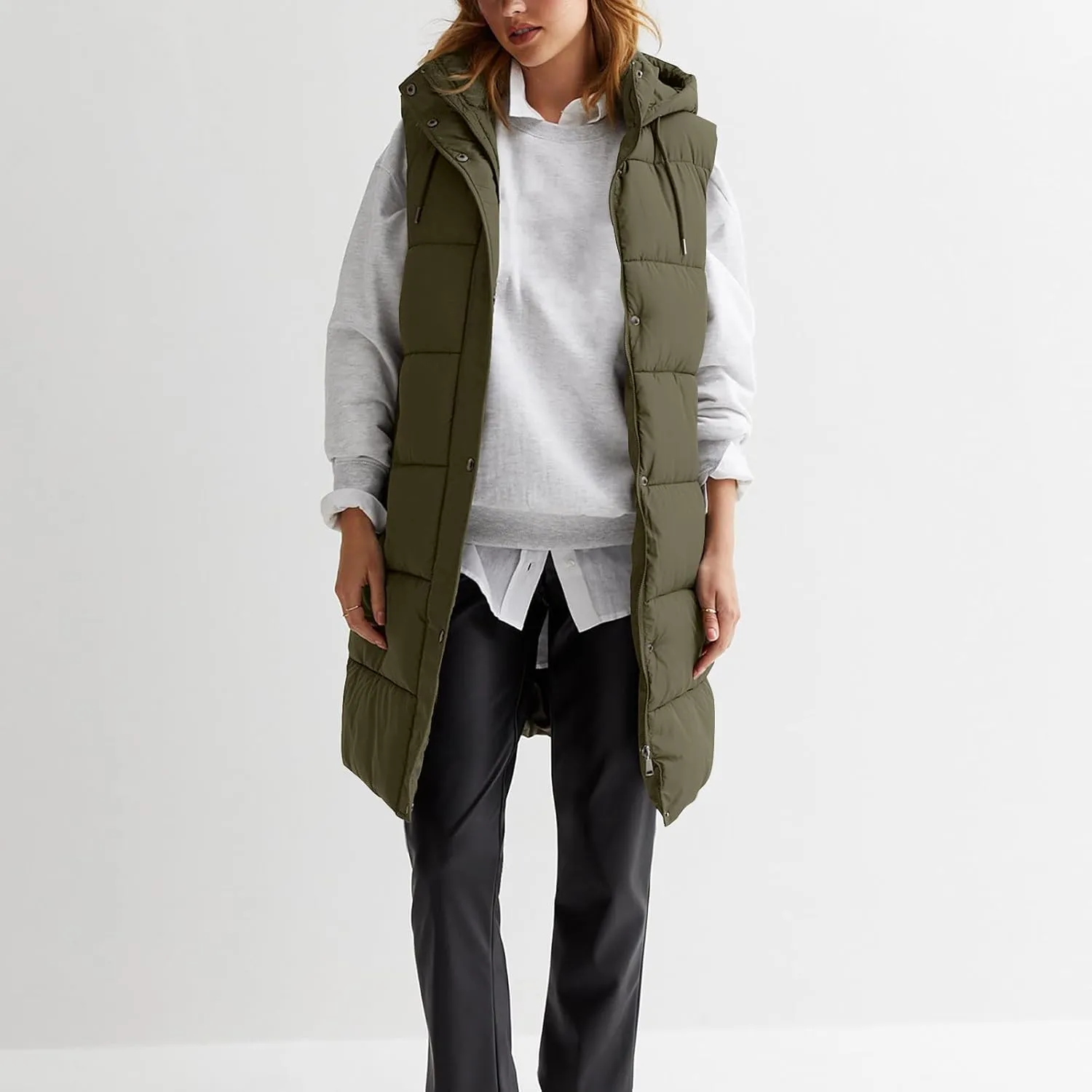 Women Long Puffer Vest Oversized Sleeveless Quilted Vest Zipper Hooded Puffy Jacket Winter Warm Padded Gilet Coat