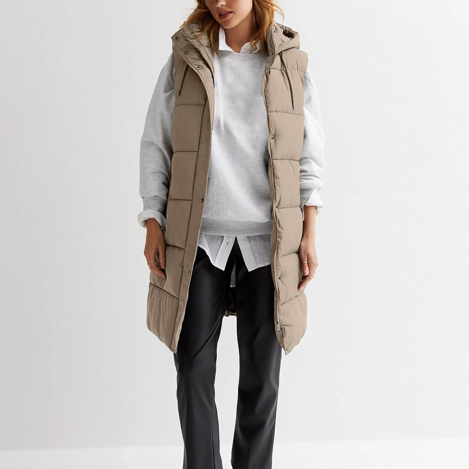 Women Long Puffer Vest Oversized Sleeveless Quilted Vest Zipper Hooded Puffy Jacket Winter Warm Padded Gilet Coat