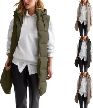Women Long Puffer Vest Oversized Sleeveless Quilted Vest Zipper Hooded Puffy Jacket Winter Warm Padded Gilet Coat