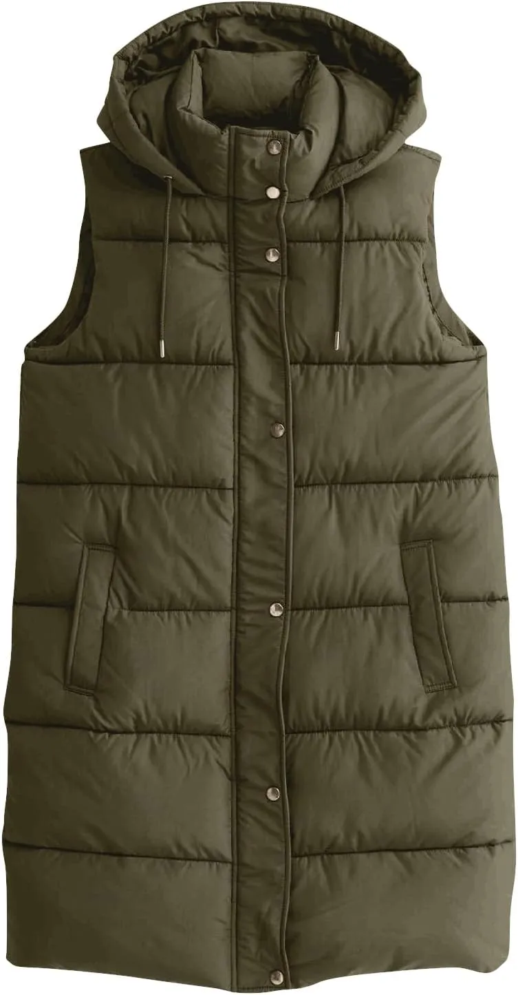 Women Long Puffer Vest Oversized Sleeveless Quilted Vest Zipper Hooded Puffy Jacket Winter Warm Padded Gilet Coat