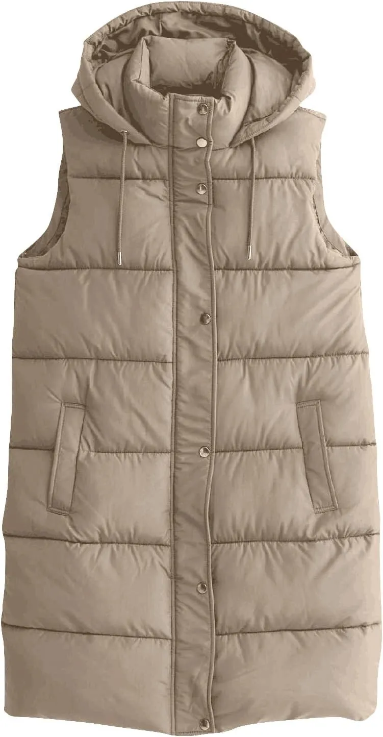 Women Long Puffer Vest Oversized Sleeveless Quilted Vest Zipper Hooded Puffy Jacket Winter Warm Padded Gilet Coat