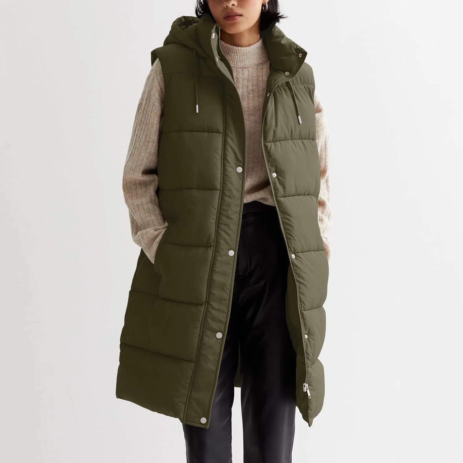 Women Long Puffer Vest Oversized Sleeveless Quilted Vest Zipper Hooded Puffy Jacket Winter Warm Padded Gilet Coat