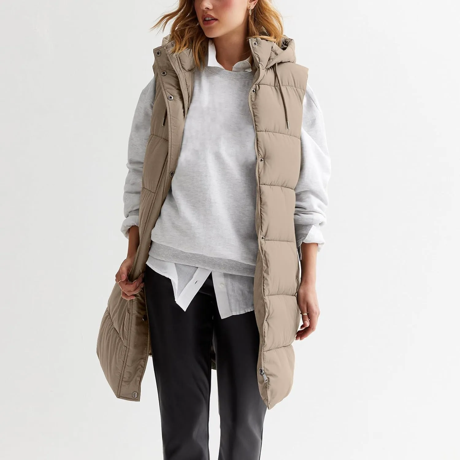 Women Long Puffer Vest Oversized Sleeveless Quilted Vest Zipper Hooded Puffy Jacket Winter Warm Padded Gilet Coat
