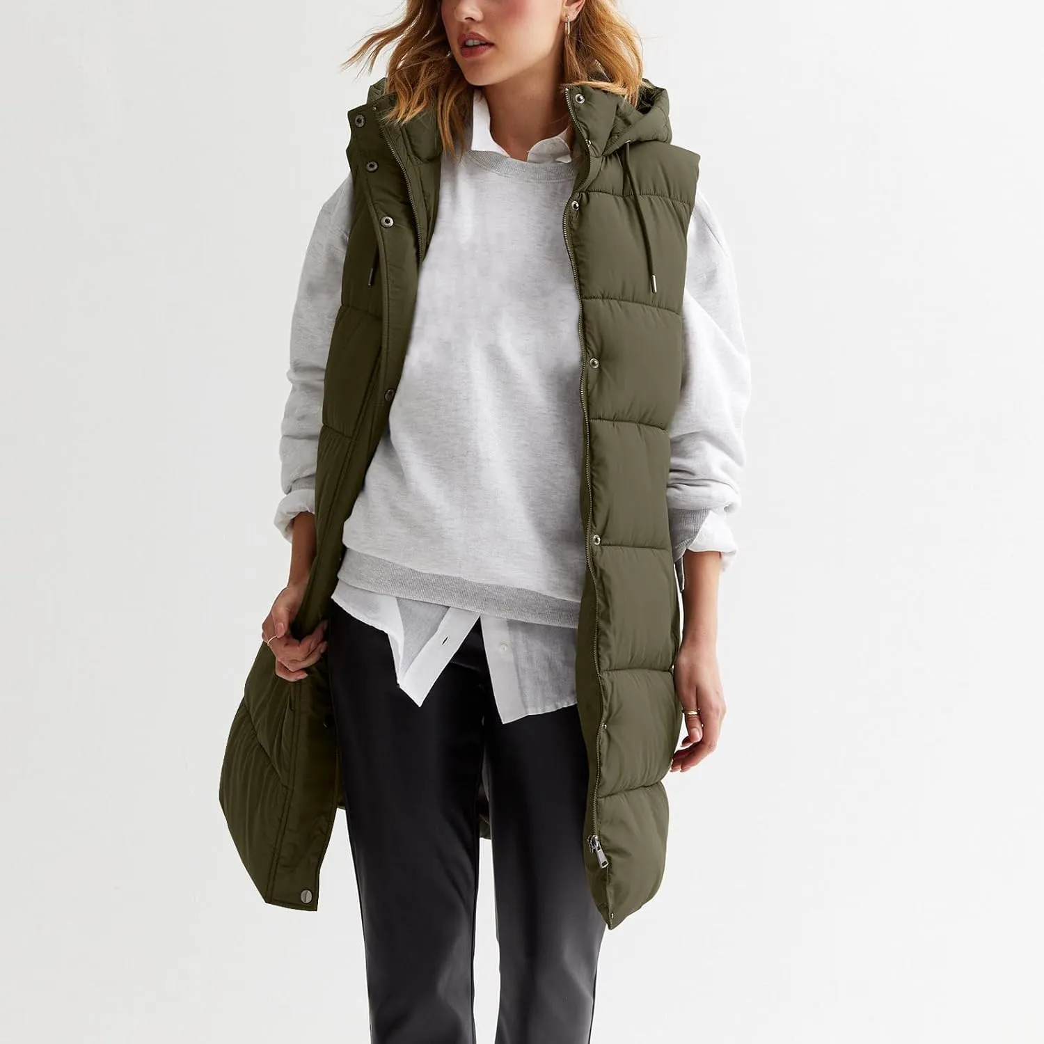 Women Long Puffer Vest Oversized Sleeveless Quilted Vest Zipper Hooded Puffy Jacket Winter Warm Padded Gilet Coat