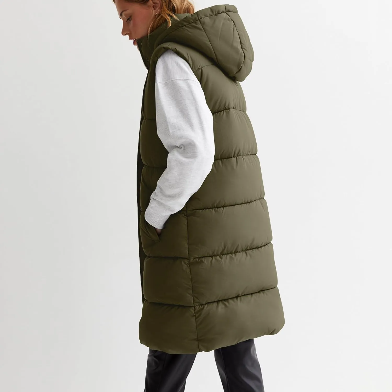 Women Long Puffer Vest Oversized Sleeveless Quilted Vest Zipper Hooded Puffy Jacket Winter Warm Padded Gilet Coat