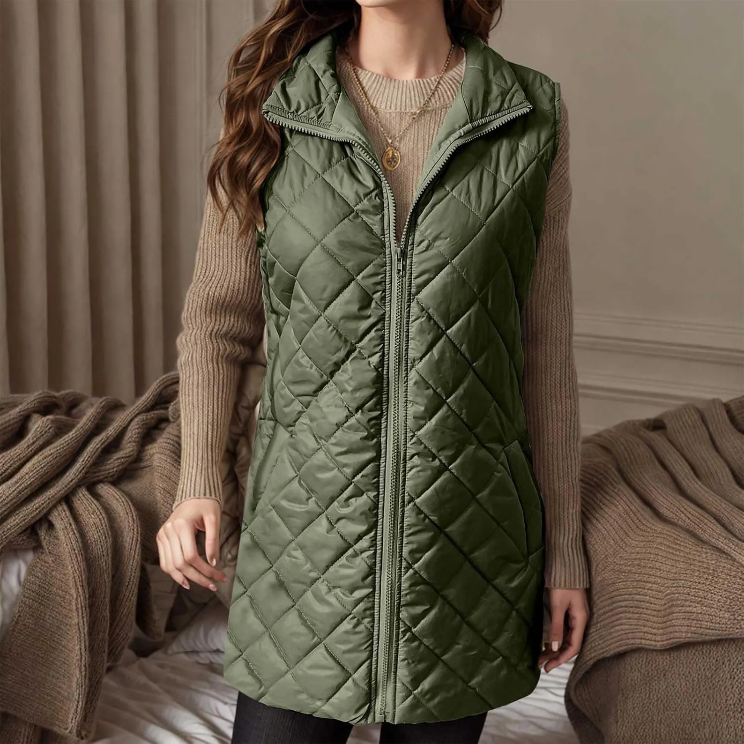 Women Mid Length Puffer Vest Lightweight Quilted Gilet Winter Warm Zip Up Sleeveless Down Jacket Fashion Waistcoat