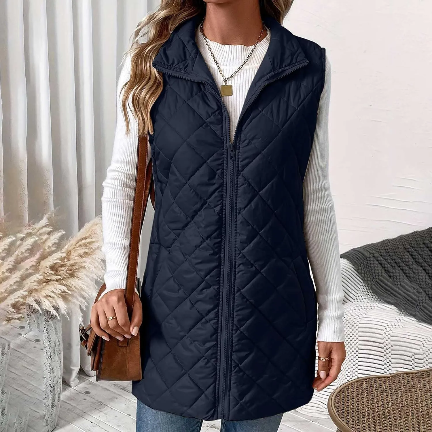 Women Mid Length Puffer Vest Lightweight Quilted Gilet Winter Warm Zip Up Sleeveless Down Jacket Fashion Waistcoat
