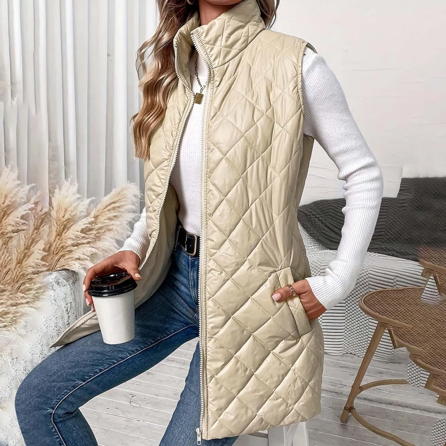 Women Mid Length Puffer Vest Lightweight Quilted Gilet Winter Warm Zip Up Sleeveless Down Jacket Fashion Waistcoat