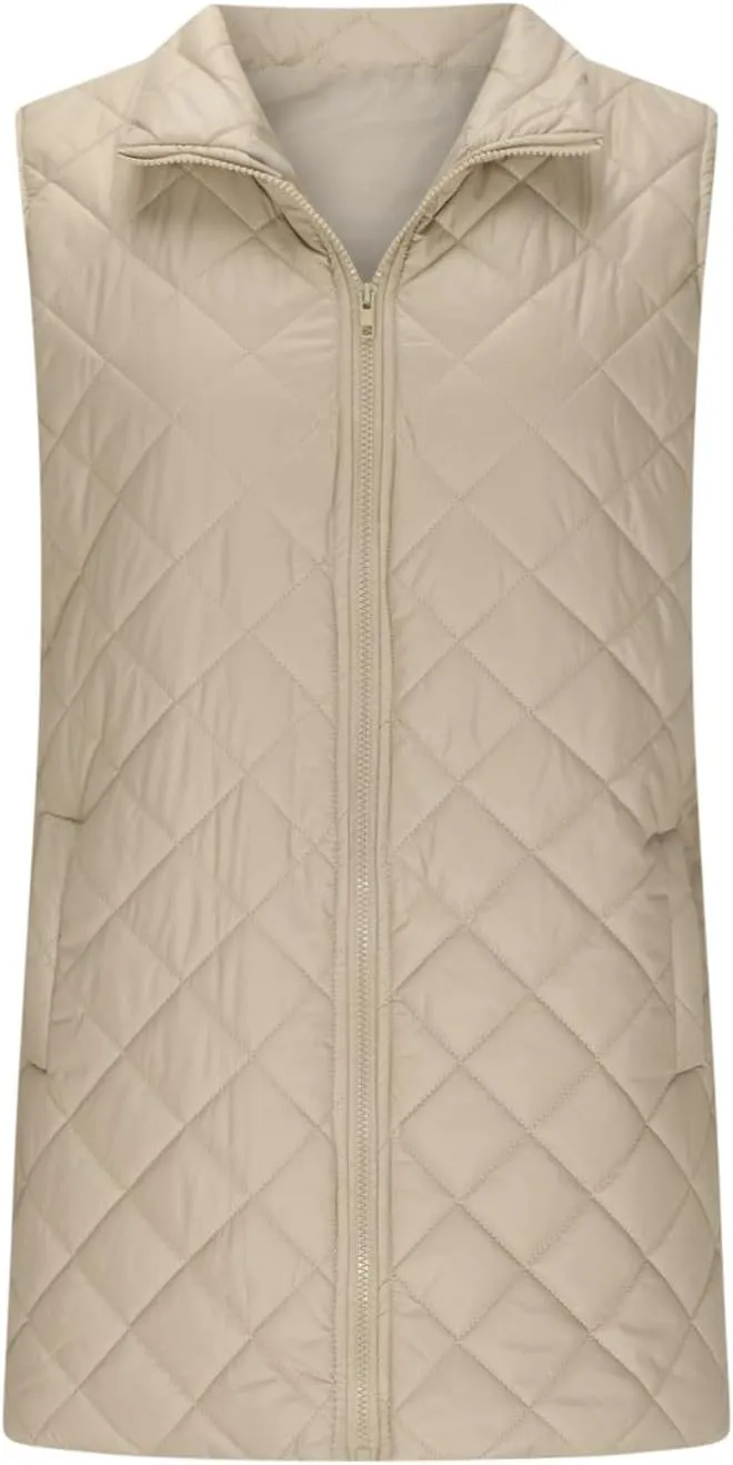 Women Mid Length Puffer Vest Lightweight Quilted Gilet Winter Warm Zip Up Sleeveless Down Jacket Fashion Waistcoat
