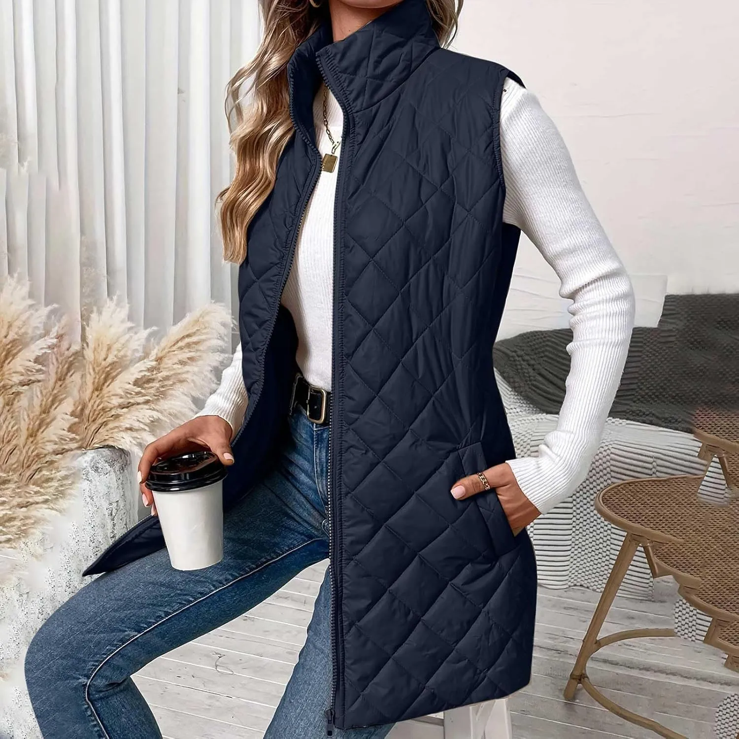 Women Mid Length Puffer Vest Lightweight Quilted Gilet Winter Warm Zip Up Sleeveless Down Jacket Fashion Waistcoat