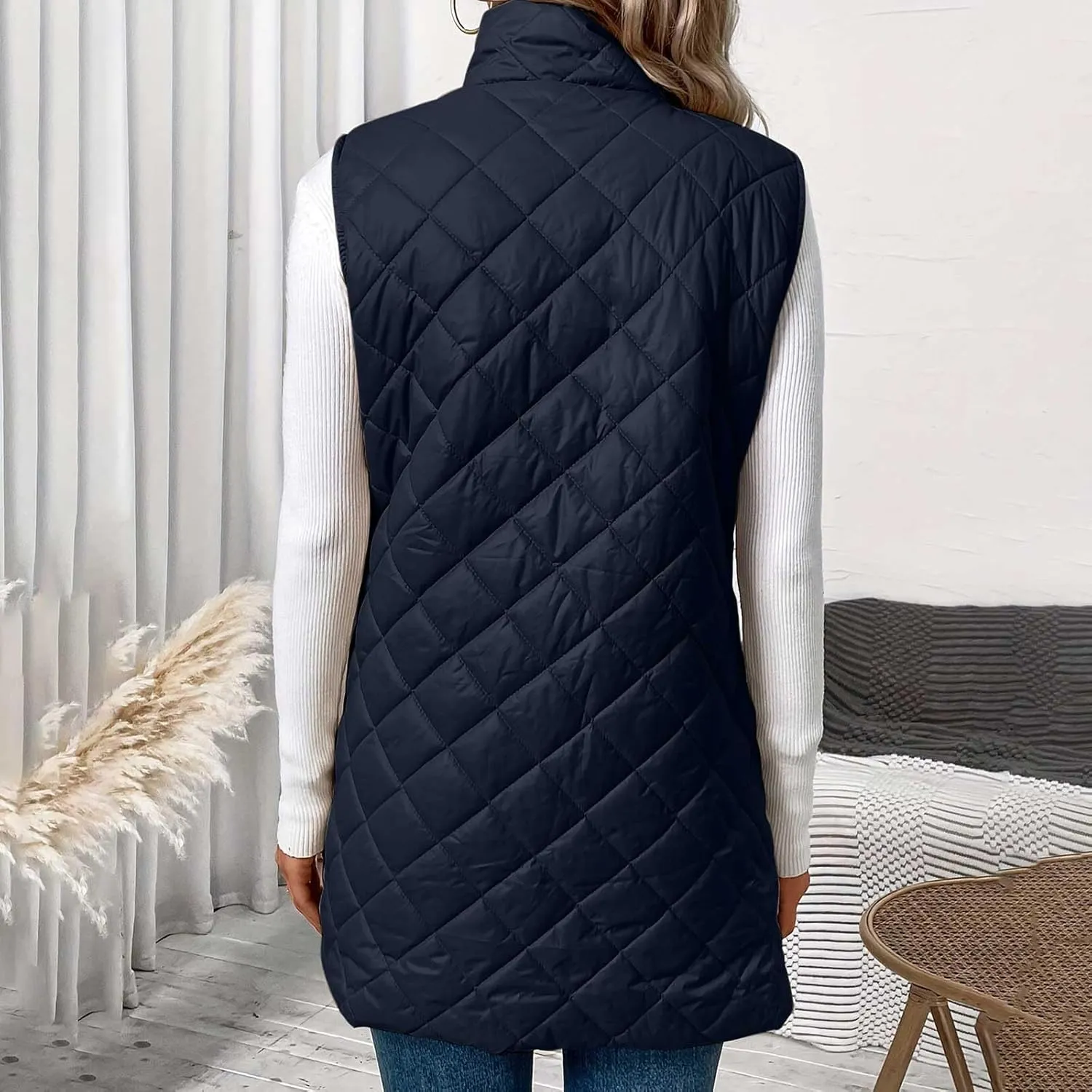 Women Mid Length Puffer Vest Lightweight Quilted Gilet Winter Warm Zip Up Sleeveless Down Jacket Fashion Waistcoat