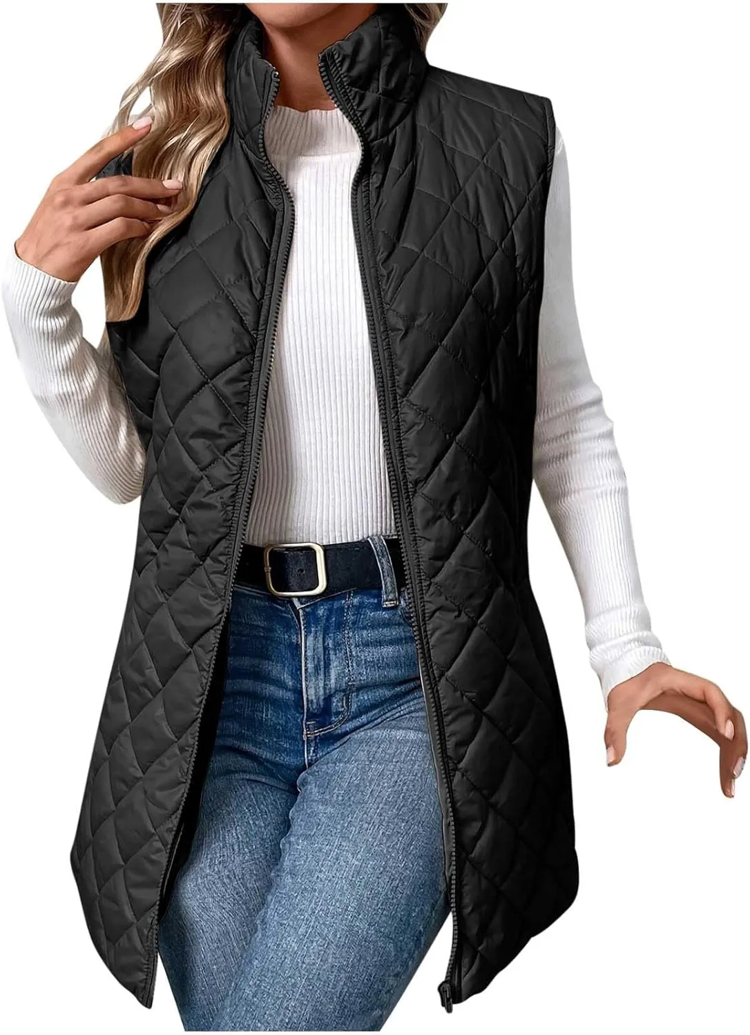 Women Mid Length Puffer Vest Lightweight Quilted Gilet Winter Warm Zip Up Sleeveless Down Jacket Fashion Waistcoat