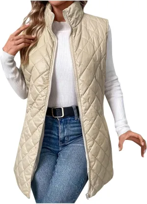 Women Mid Length Puffer Vest Lightweight Quilted Gilet Winter Warm Zip Up Sleeveless Down Jacket Fashion Waistcoat