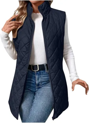 Women Mid Length Puffer Vest Lightweight Quilted Gilet Winter Warm Zip Up Sleeveless Down Jacket Fashion Waistcoat