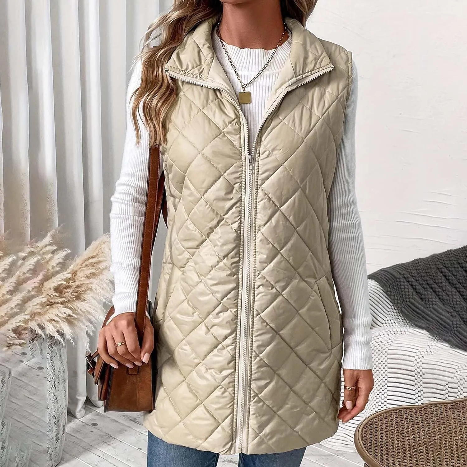 Women Mid Length Puffer Vest Lightweight Quilted Gilet Winter Warm Zip Up Sleeveless Down Jacket Fashion Waistcoat