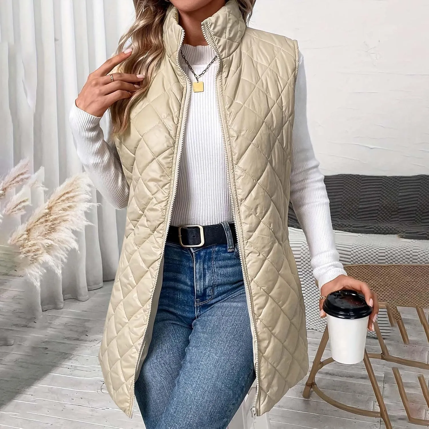 Women Mid Length Puffer Vest Lightweight Quilted Gilet Winter Warm Zip Up Sleeveless Down Jacket Fashion Waistcoat