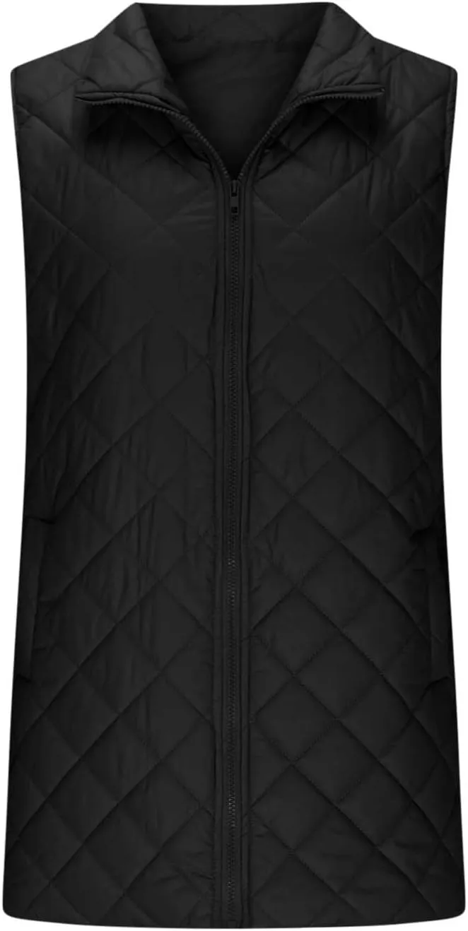 Women Mid Length Puffer Vest Lightweight Quilted Gilet Winter Warm Zip Up Sleeveless Down Jacket Fashion Waistcoat