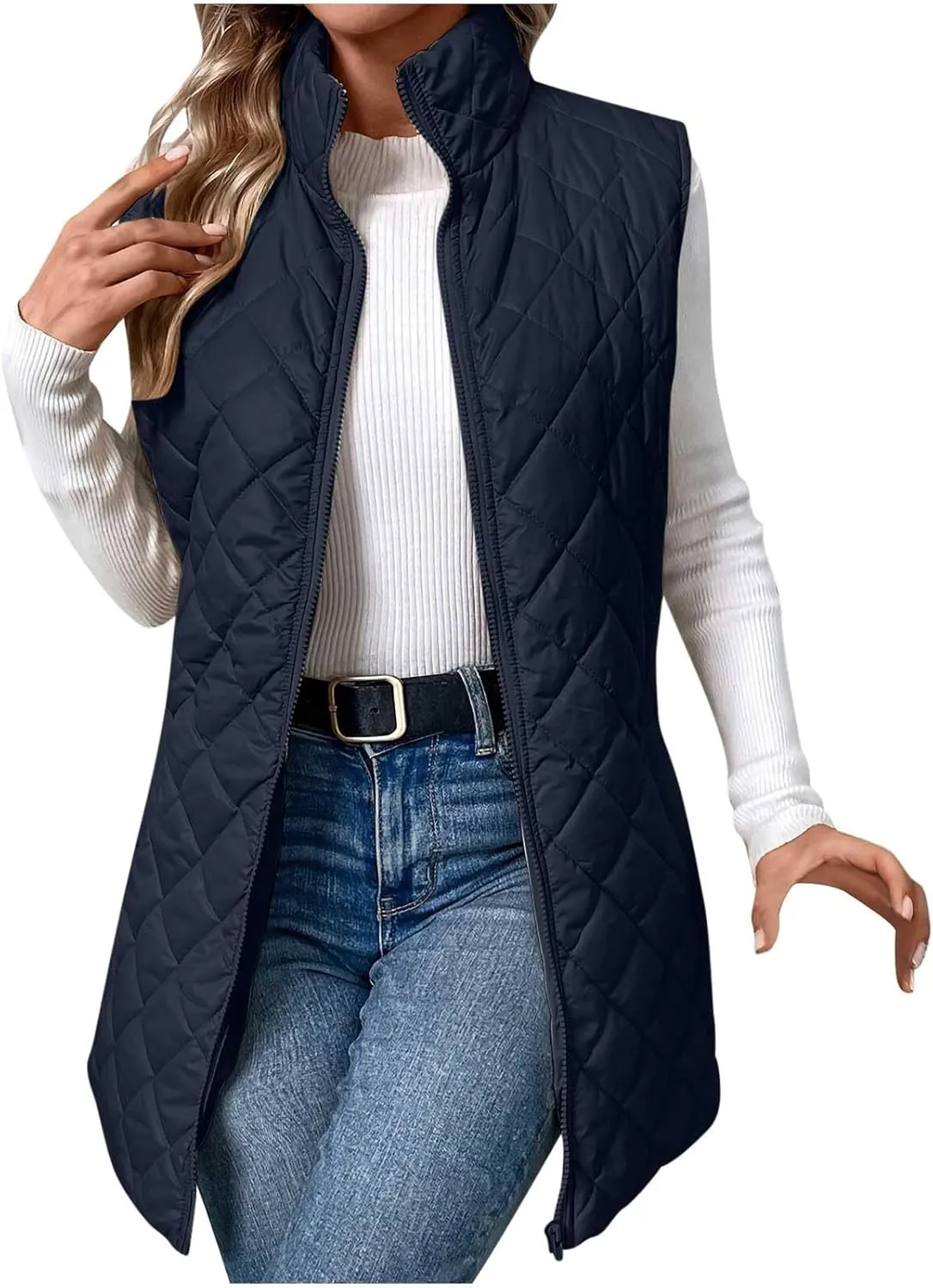 Women Mid Length Puffer Vest Lightweight Quilted Gilet Winter Warm Zip Up Sleeveless Down Jacket Fashion Waistcoat