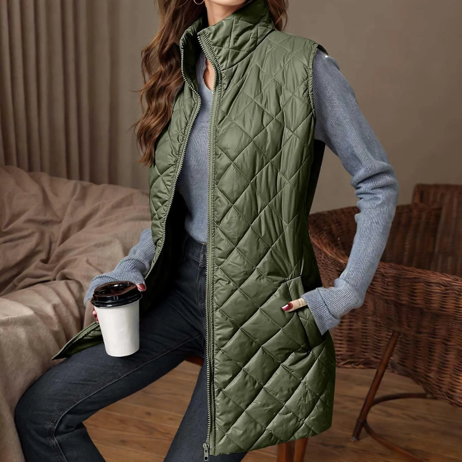Women Mid Length Puffer Vest Lightweight Quilted Gilet Winter Warm Zip Up Sleeveless Down Jacket Fashion Waistcoat
