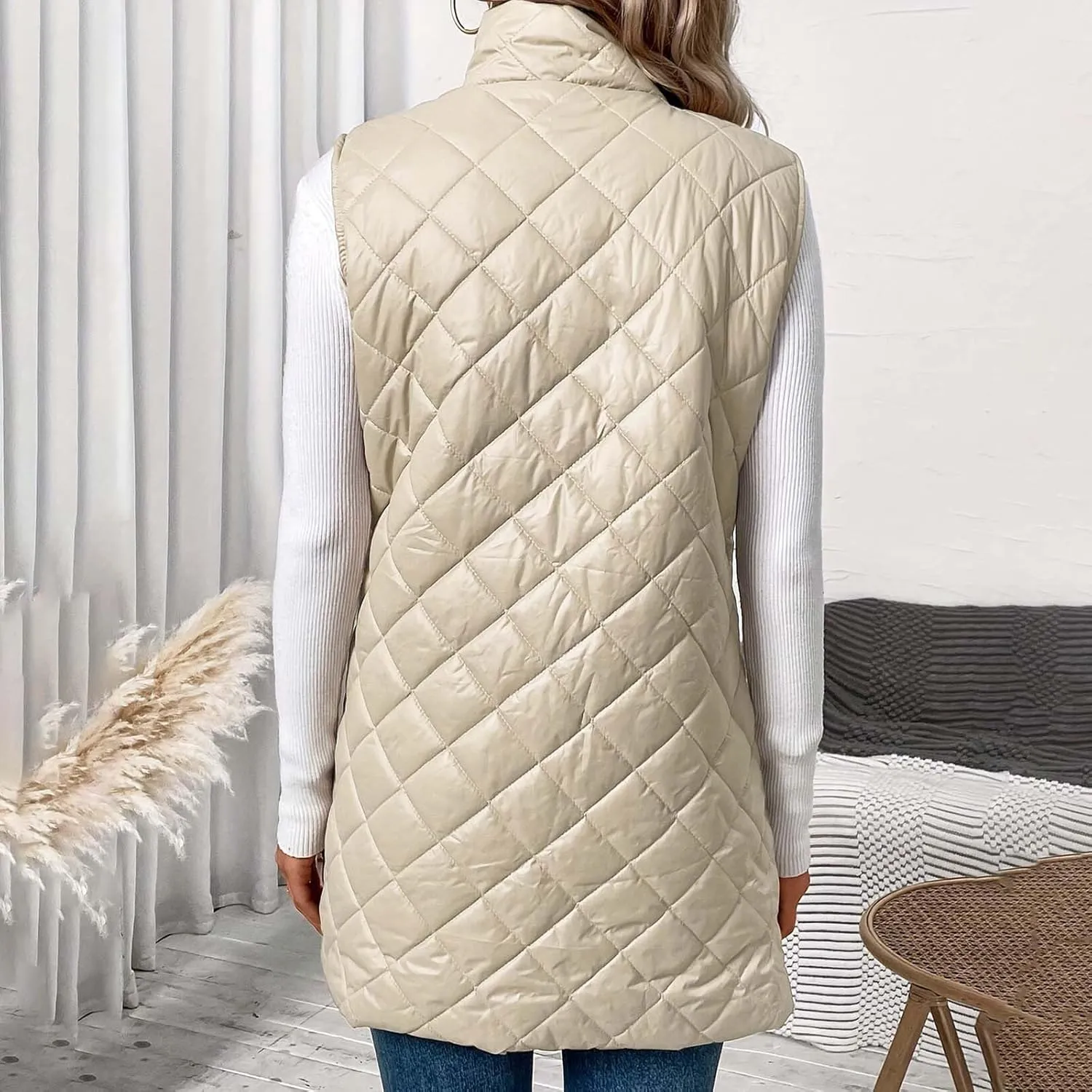 Women Mid Length Puffer Vest Lightweight Quilted Gilet Winter Warm Zip Up Sleeveless Down Jacket Fashion Waistcoat