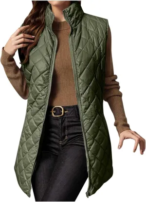 Women Mid Length Puffer Vest Lightweight Quilted Gilet Winter Warm Zip Up Sleeveless Down Jacket Fashion Waistcoat