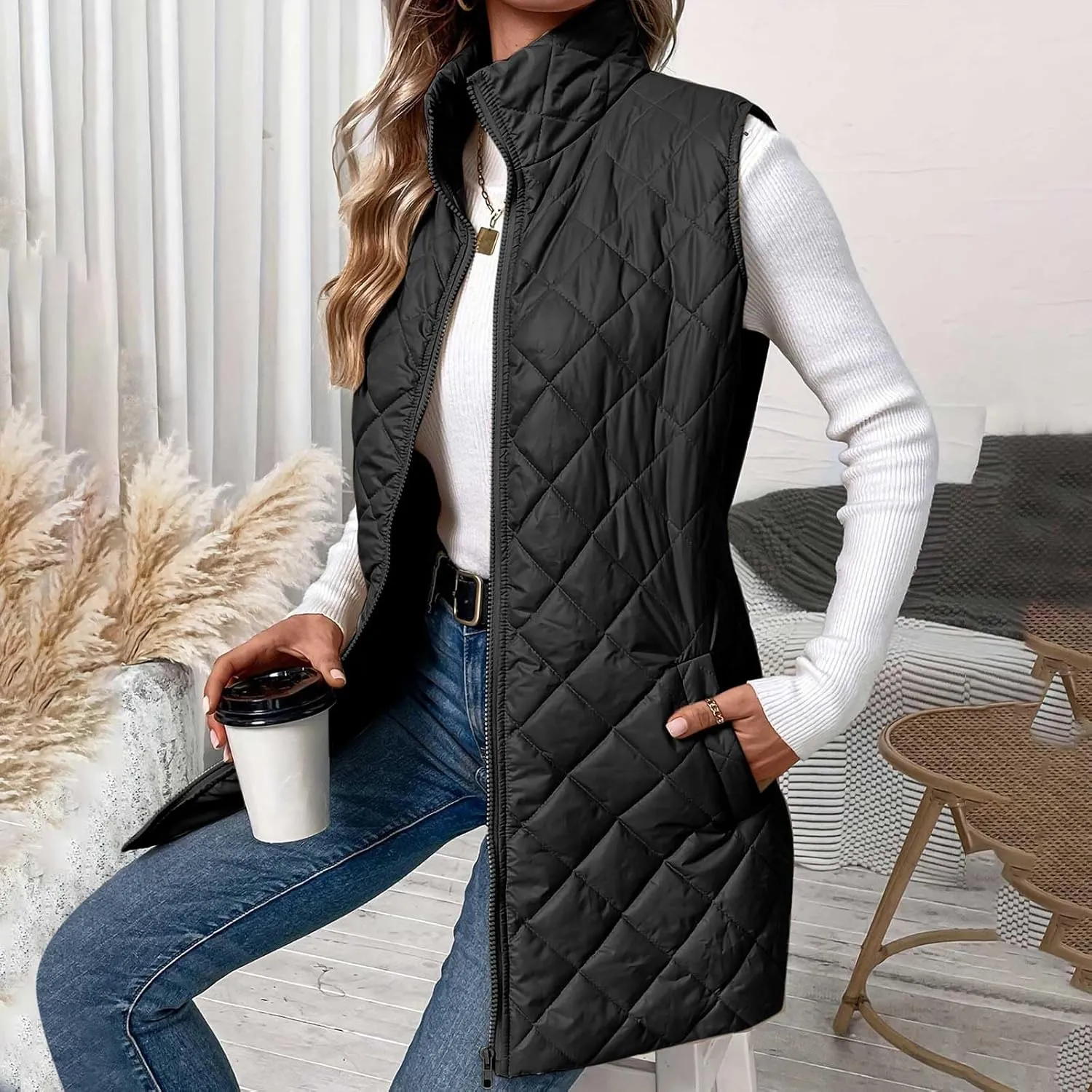 Women Mid Length Puffer Vest Lightweight Quilted Gilet Winter Warm Zip Up Sleeveless Down Jacket Fashion Waistcoat