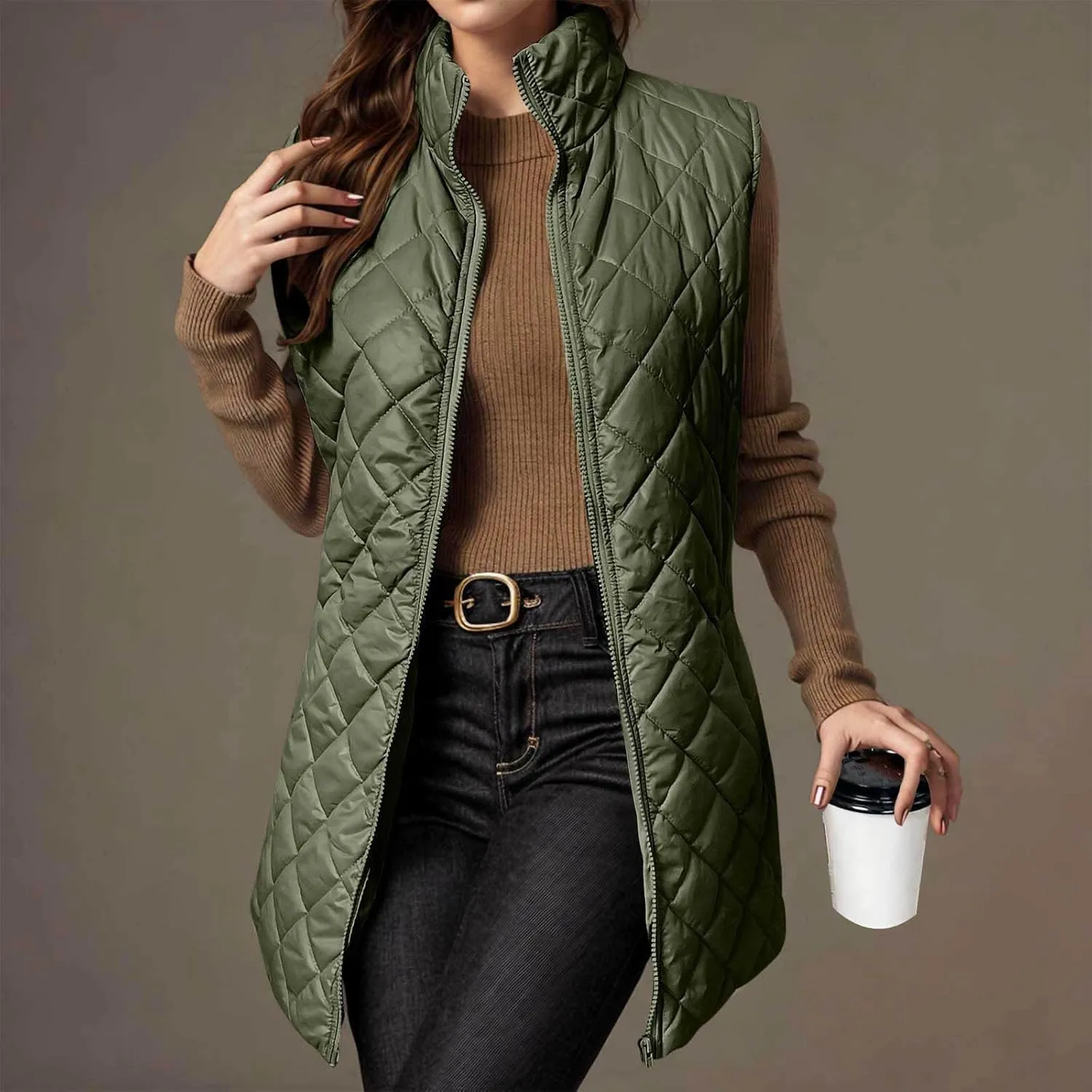 Women Mid Length Puffer Vest Lightweight Quilted Gilet Winter Warm Zip Up Sleeveless Down Jacket Fashion Waistcoat